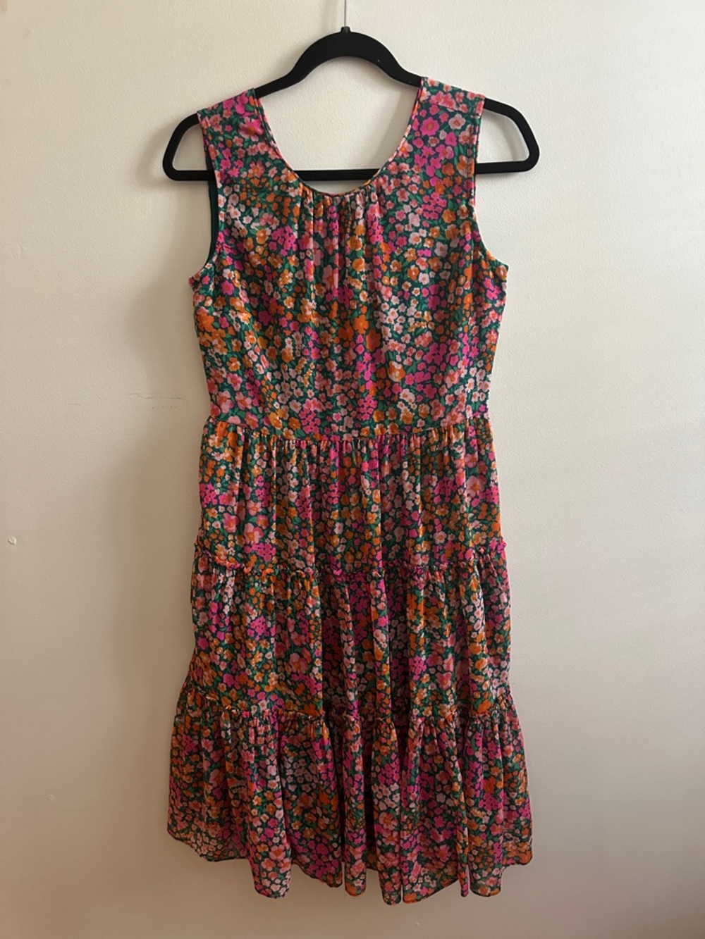 J. Crew Pink & Orange Floral Tiered Midi Dress
